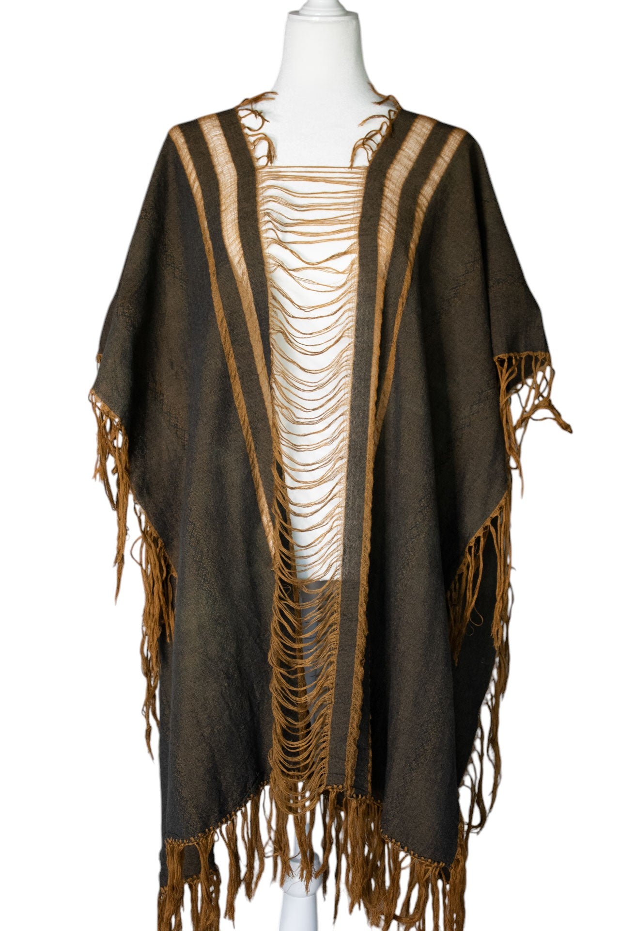 Handwoven Tan Cotton Poncho with Distressed Fringe