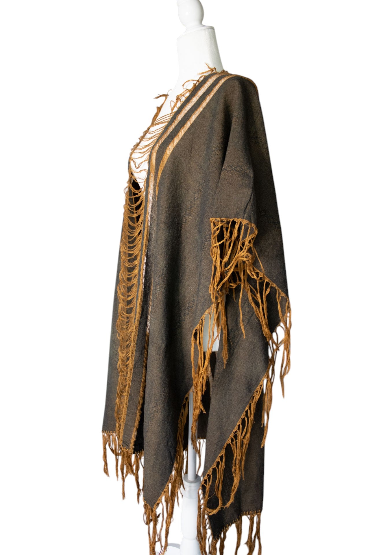 Handwoven Tan Cotton Poncho with Distressed Fringe