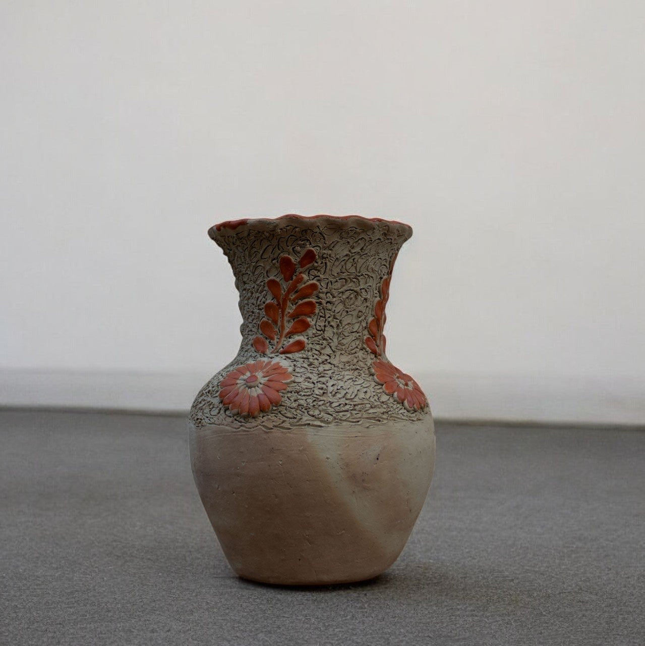 Handcrafted Mexican Sand Ceramic Vase with Engraved Orange Floral Design