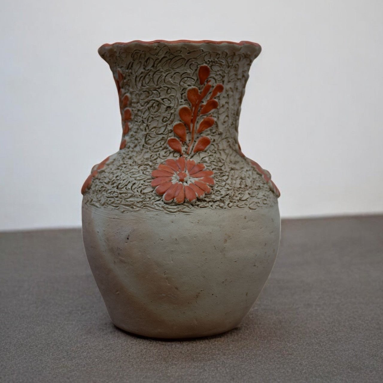 Handcrafted Mexican Sand Ceramic Vase with Engraved Orange Floral Design