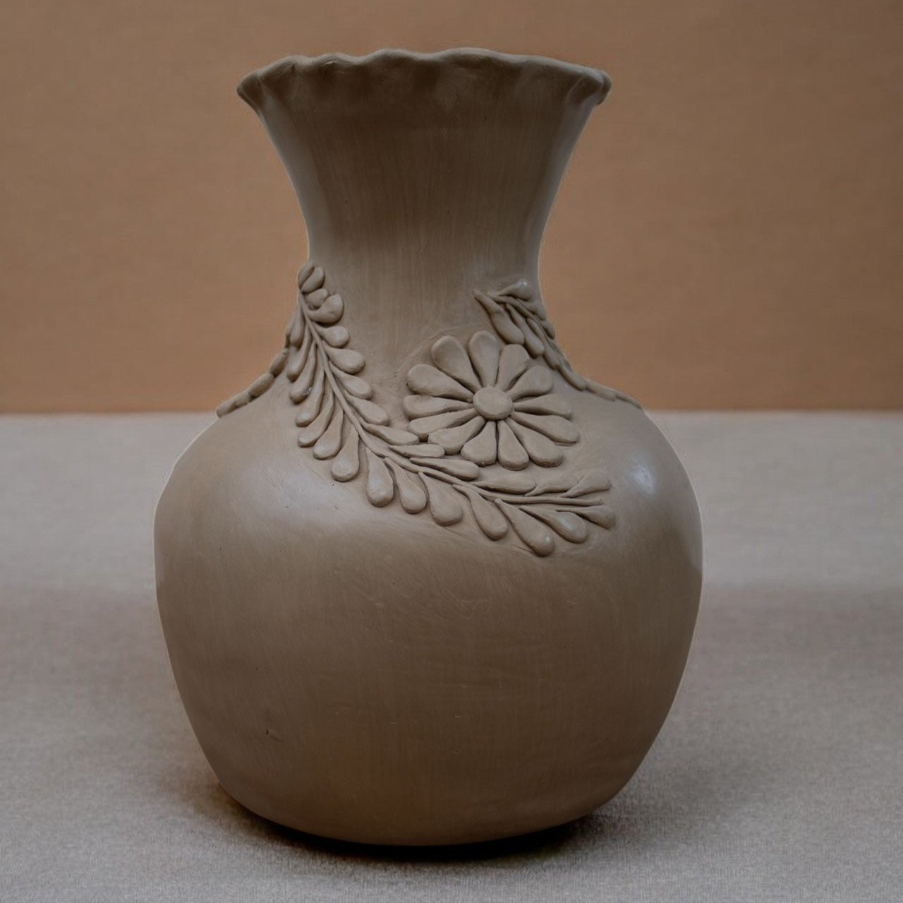 Handcrafted Floral Engraved Mexican Clay Vase