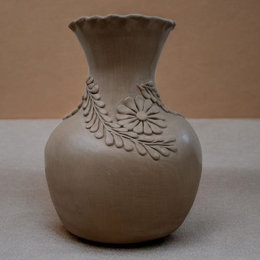 Sand Ceramic Textured Vase with Engraved Flowers