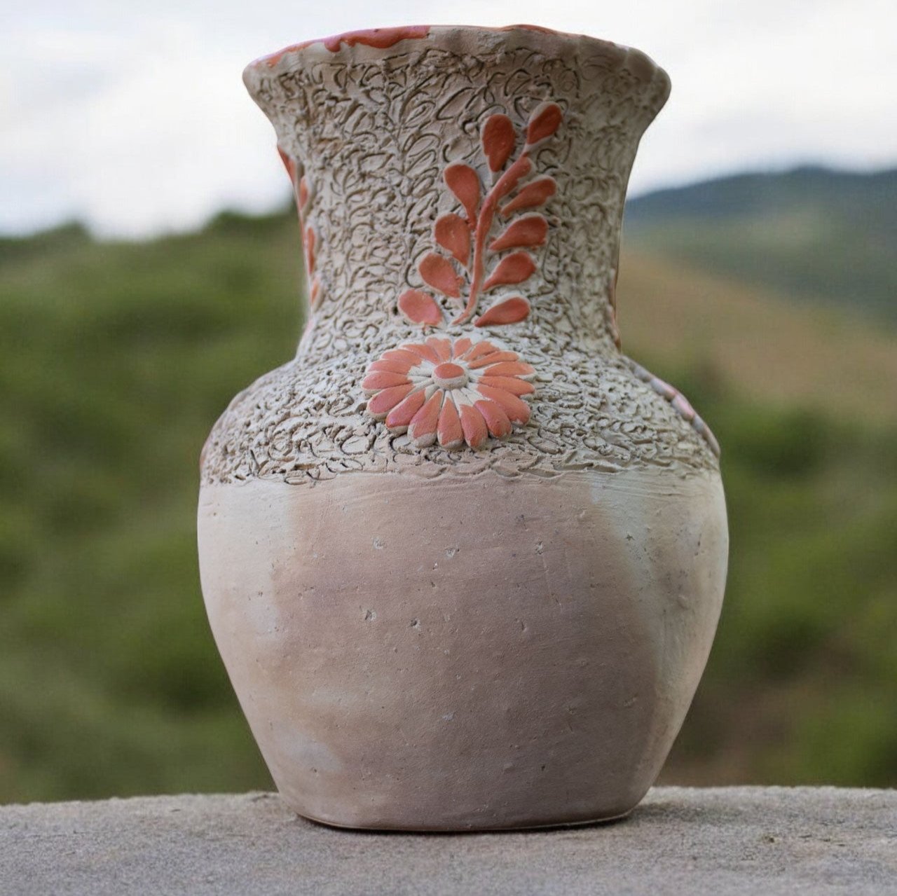 Handcrafted Mexican Sand Ceramic Vase with Engraved Orange Floral Design