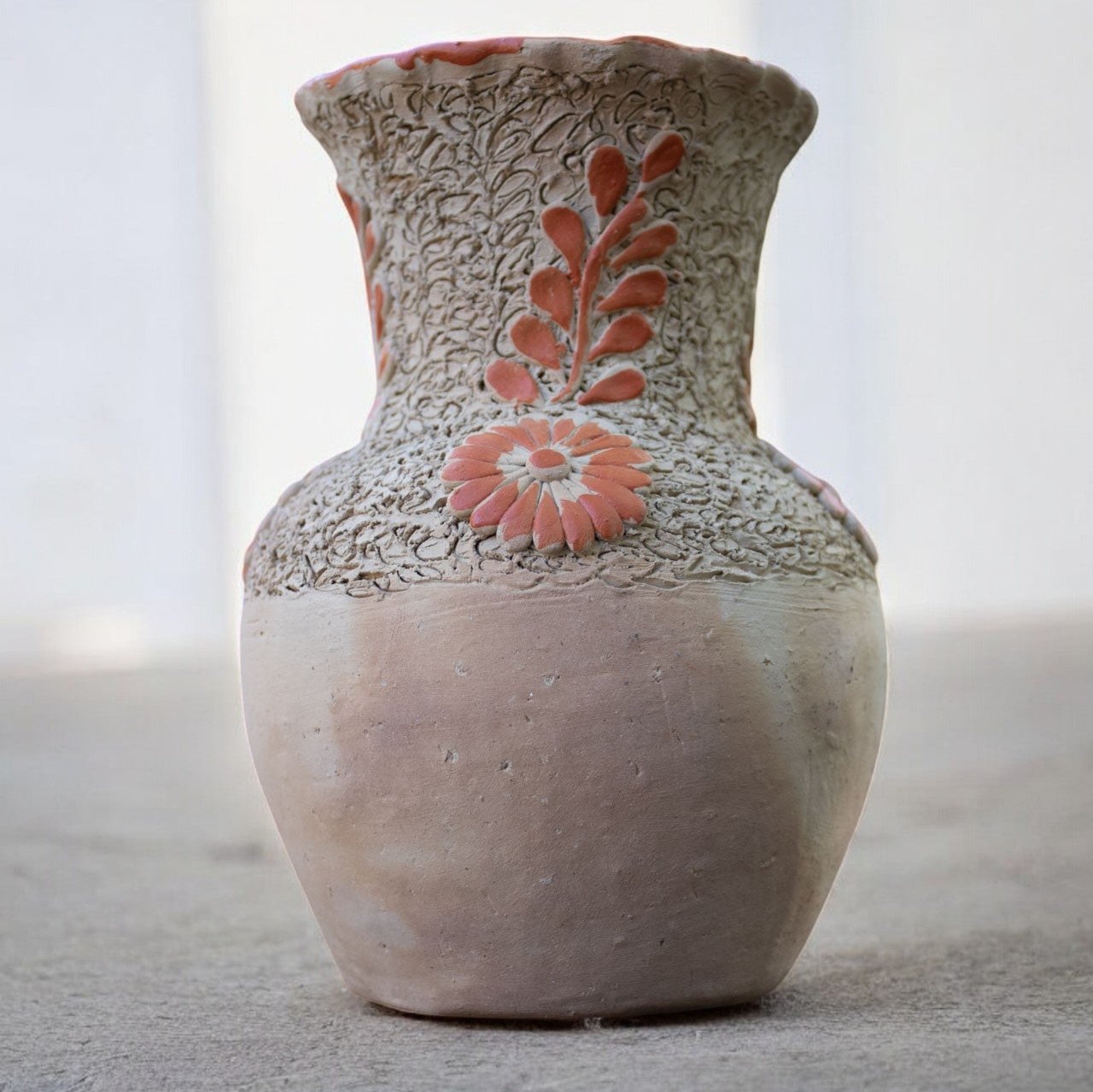 Handcrafted Mexican Sand Ceramic Vase with Engraved Orange Floral Design