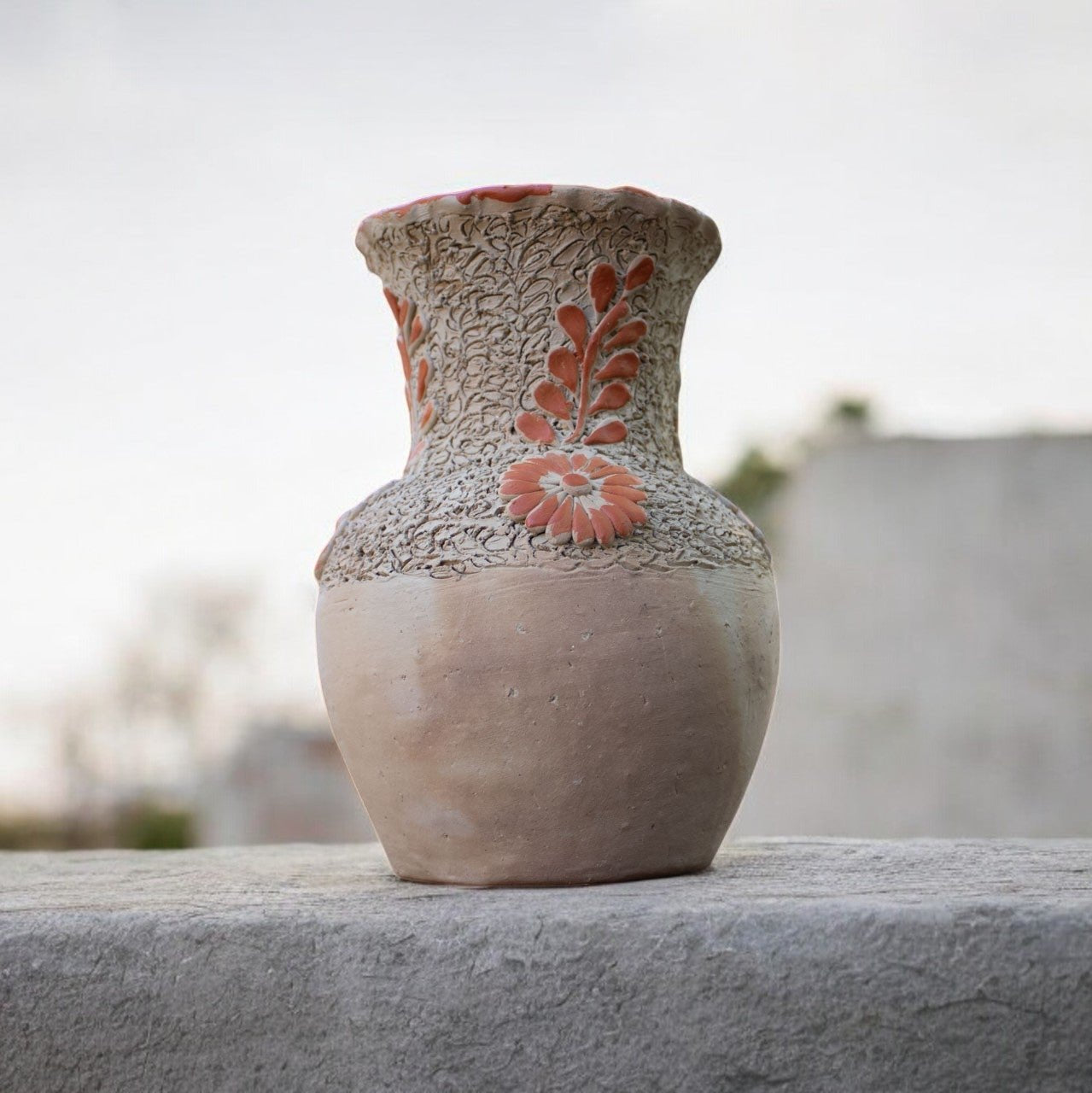 Handcrafted Mexican Sand Ceramic Vase with Engraved Orange Floral Design