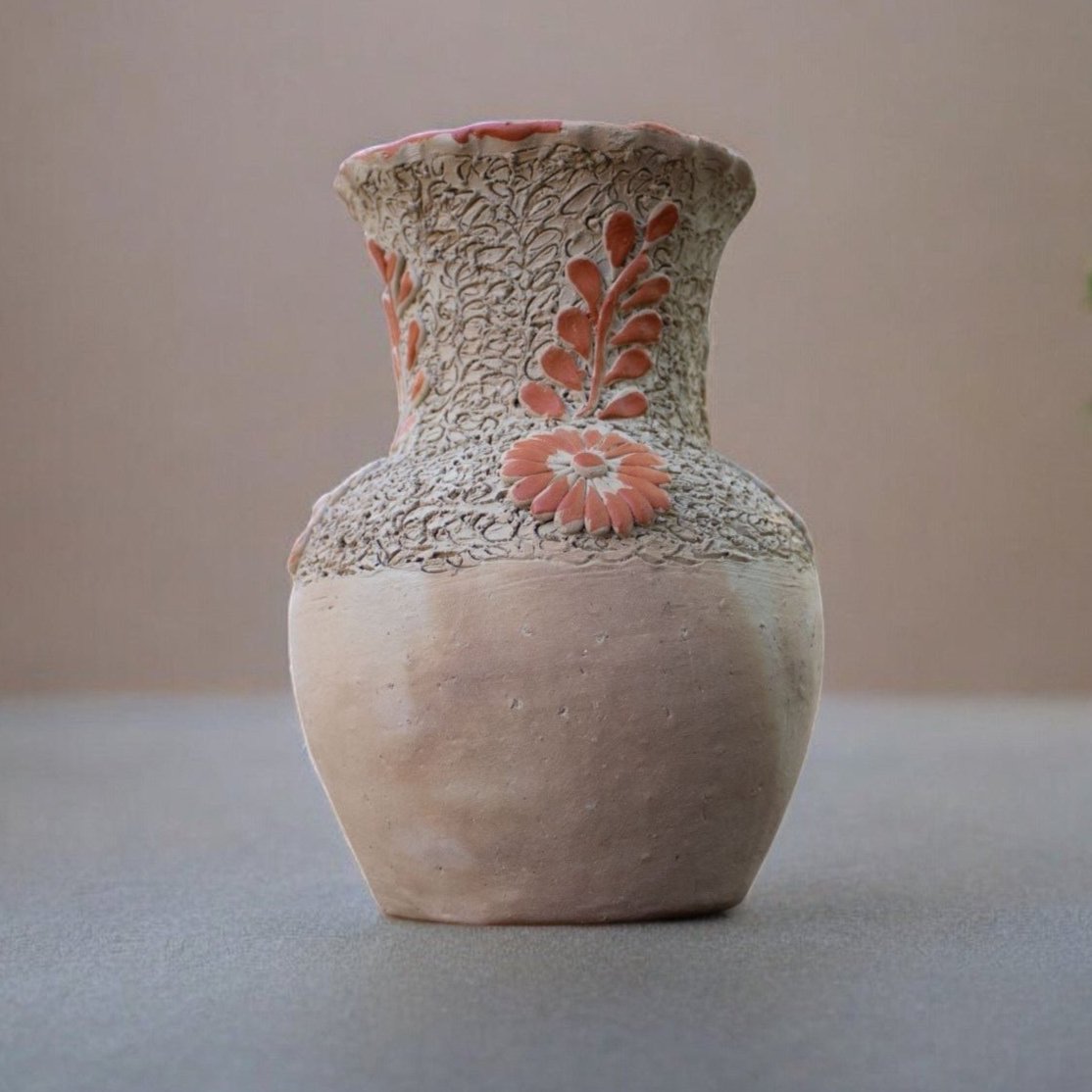 Sand Ceramic Vase with Engraved Orange Floral Design
