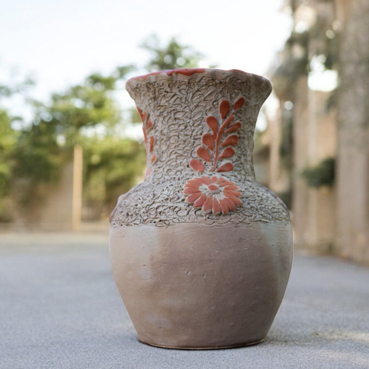 Handcrafted Mexican Sand Ceramic Vase with Engraved Orange Floral Design