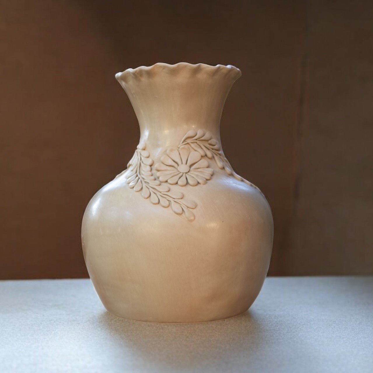 Handcrafted Floral Engraved Mexican Clay Vase