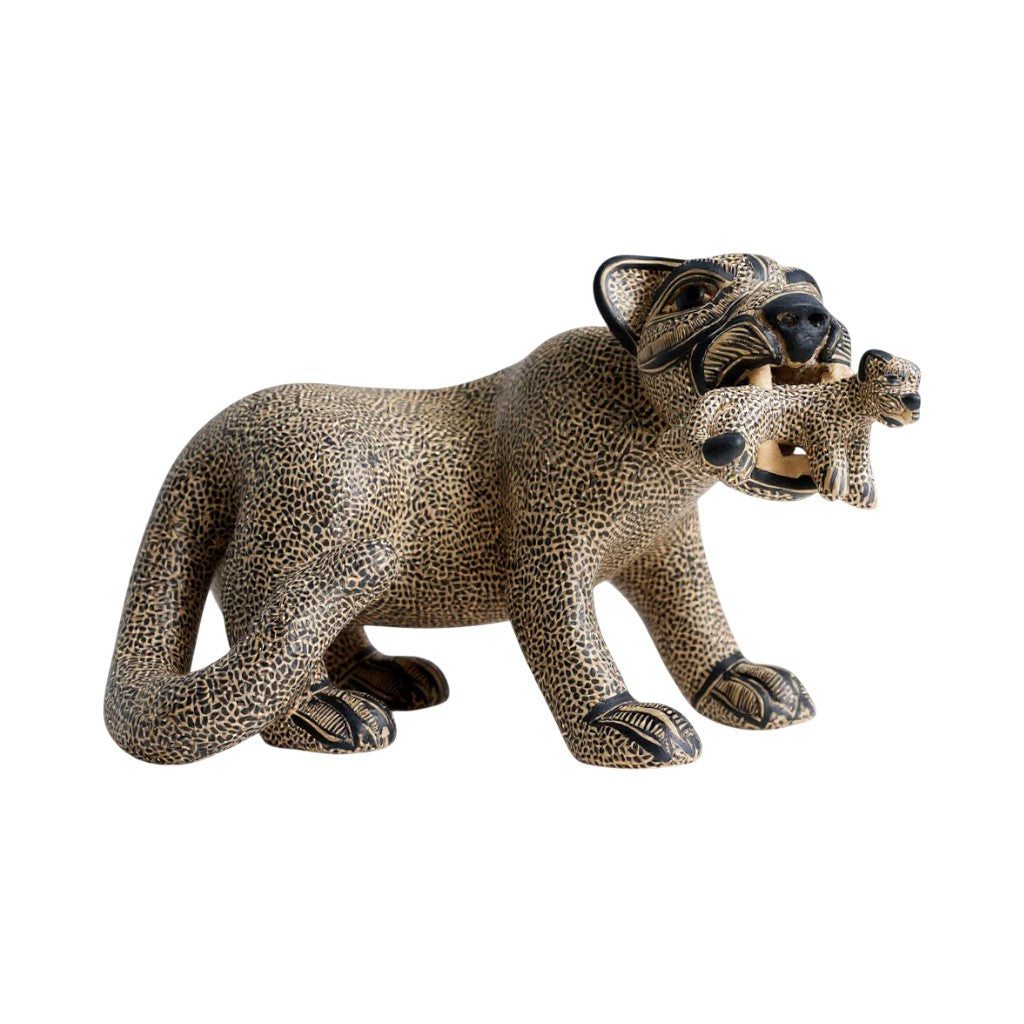 Large Clay Mayan Jaguar with Cub Sculpture 