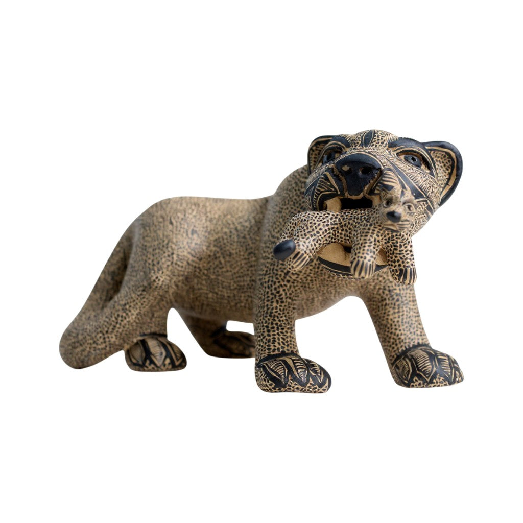 Large Clay Mayan Jaguar with Cub Sculpture 