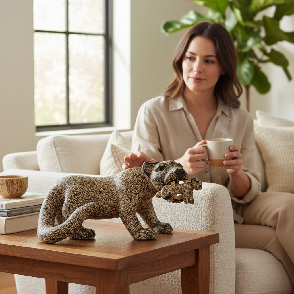 Large Clay Mayan Jaguar with Cub Sculpture 