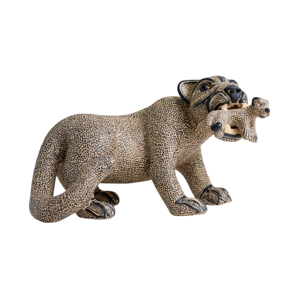 Large Clay Mayan Jaguar with Cub Sculpture 