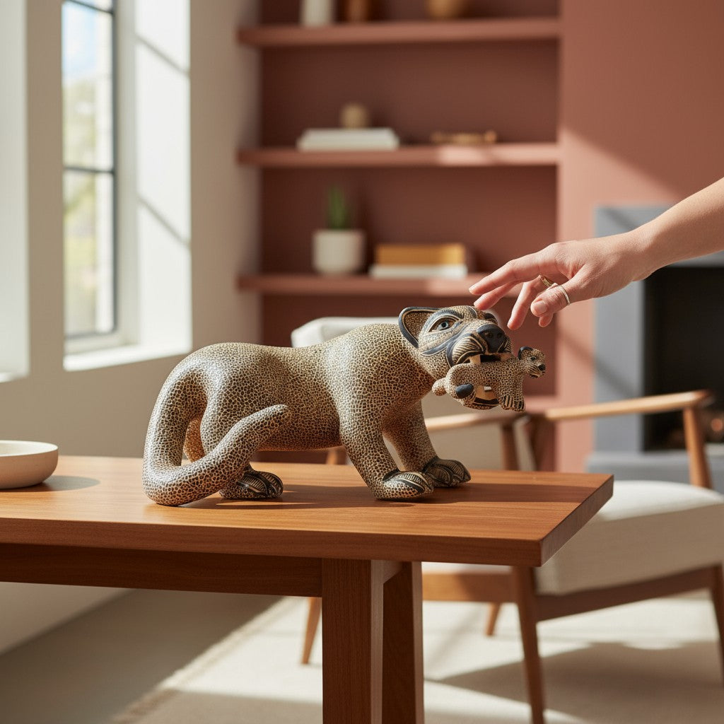 Large Clay Mayan Jaguar with Cub Sculpture 