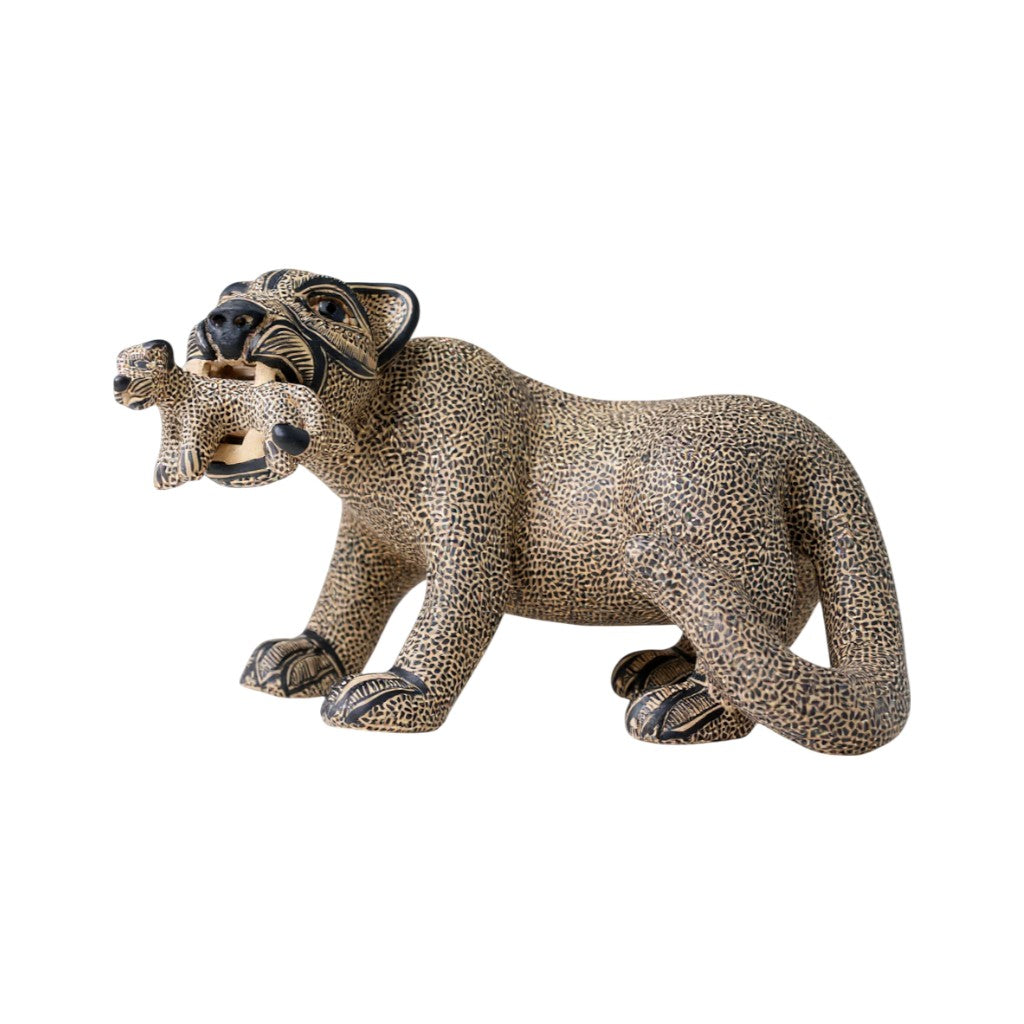 Large Clay Mayan Jaguar with Cub Sculpture