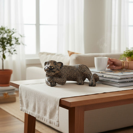 Hand touching a handcrafted clay jaguar sculpture displayed on a coffee table beside a steaming mug and books.