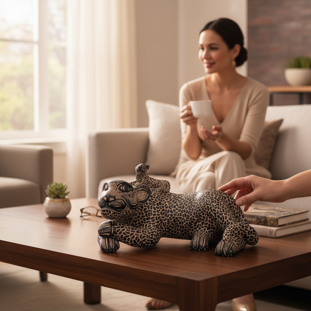 Medium Clay Mayan Jaguar with Cub