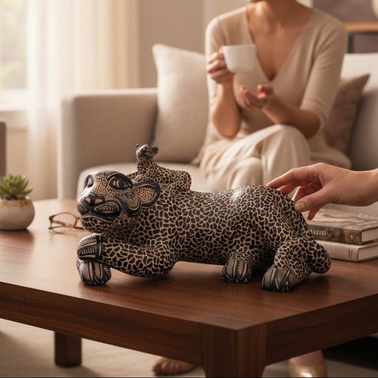 Medium Clay Mayan Jaguar with Cub