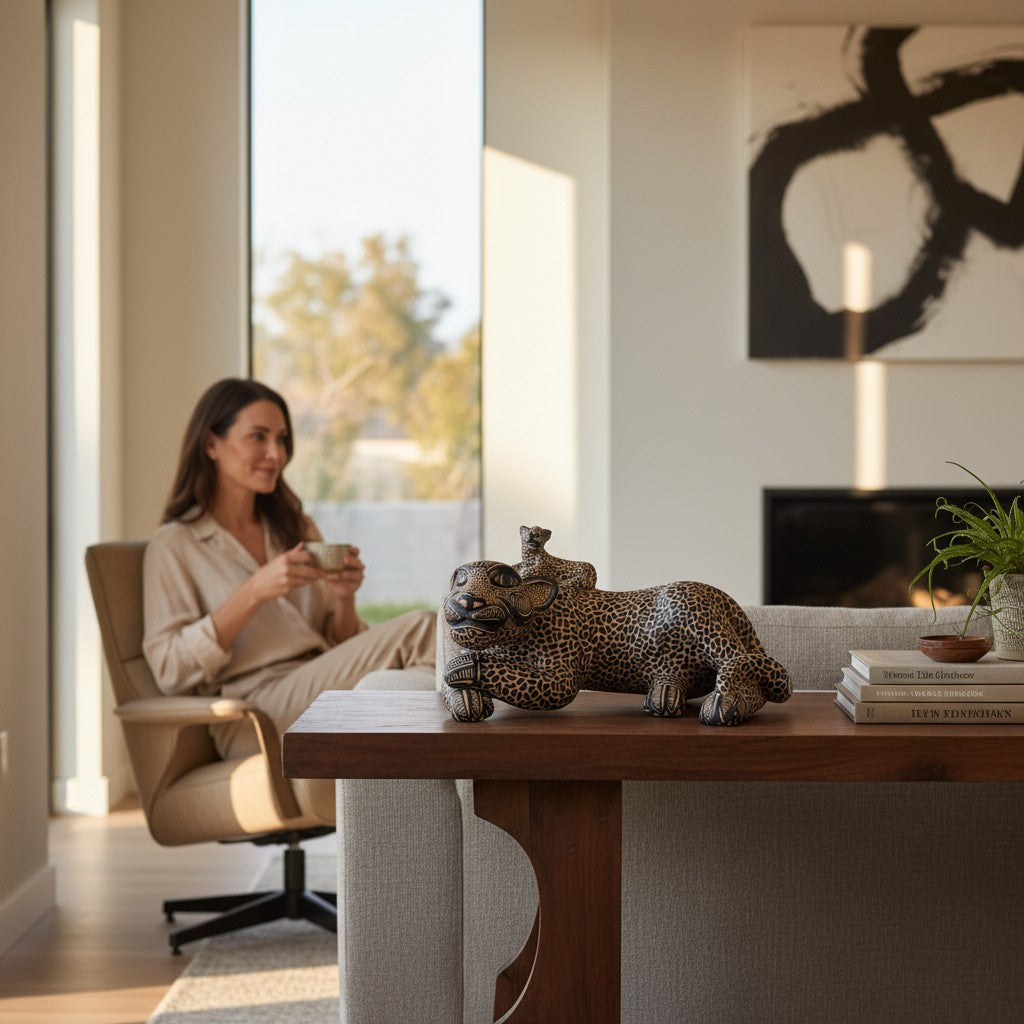 Medium Clay Mayan Jaguar with Cub