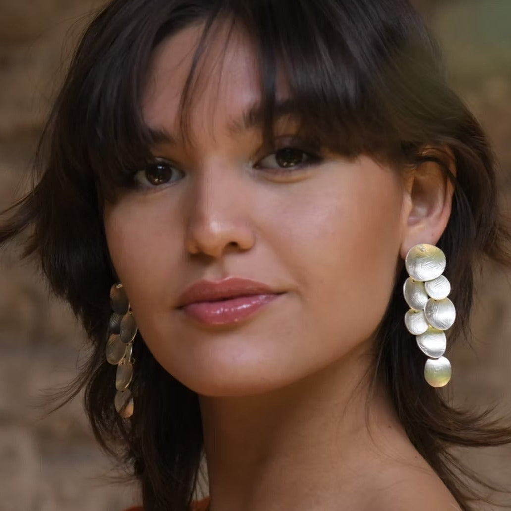 Pyxis Cascading hammered earrings, bronze with gold or silver plating, handmade in Mexico, sculptural cascading design