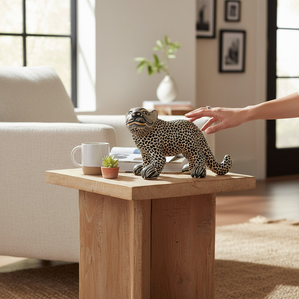 Small Black & Beige Clay Mayan Jaguar Sculpture 