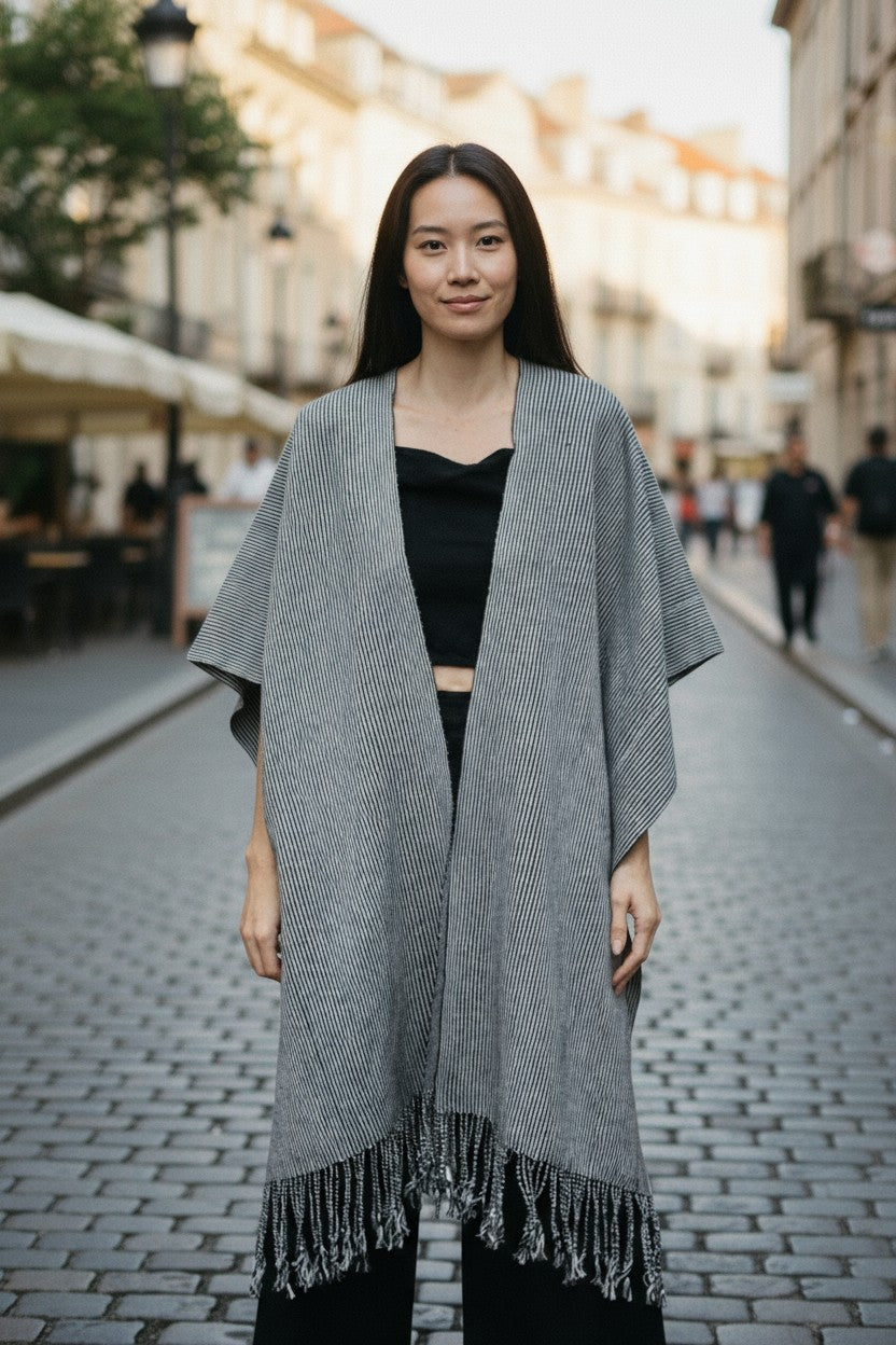 Striped Handwoven Cotton Poncho with Fringe