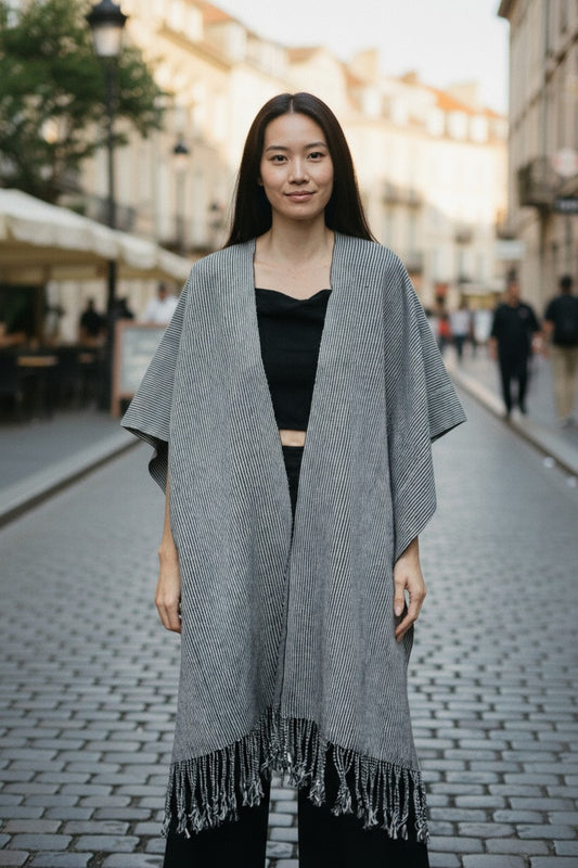 Striped Handwoven Cotton Poncho with Fringe