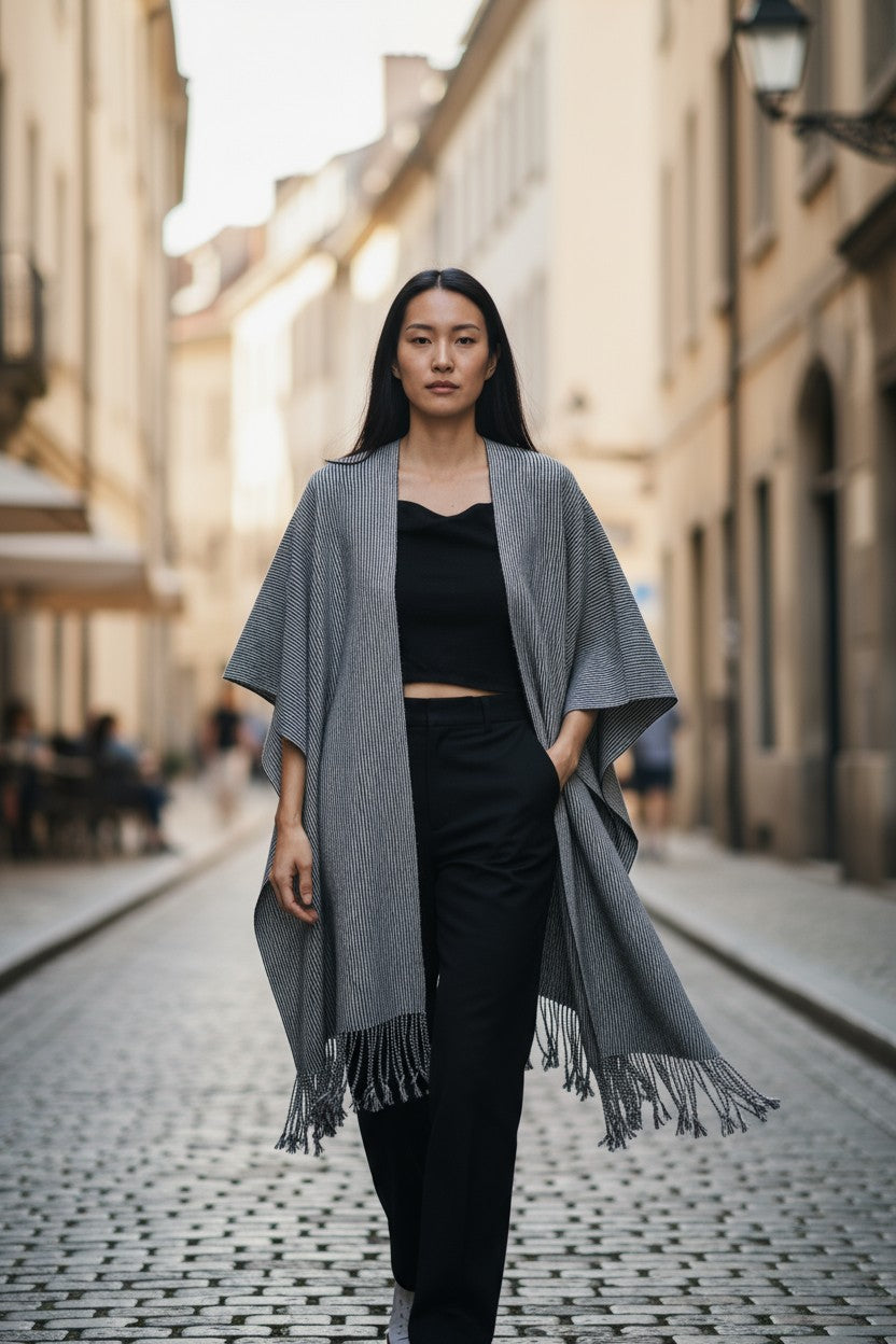 Striped Handwoven Cotton Poncho with Fringe