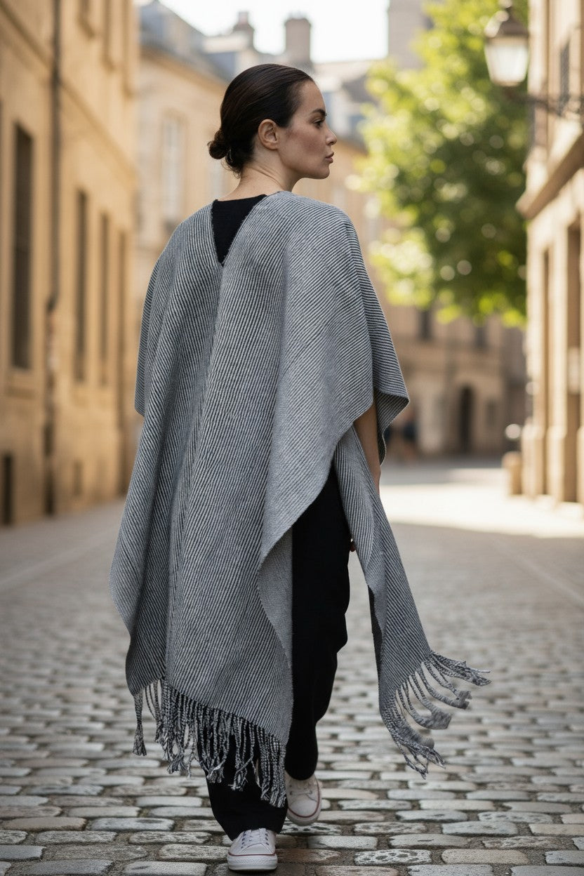 Striped Handwoven Cotton Poncho with Fringe