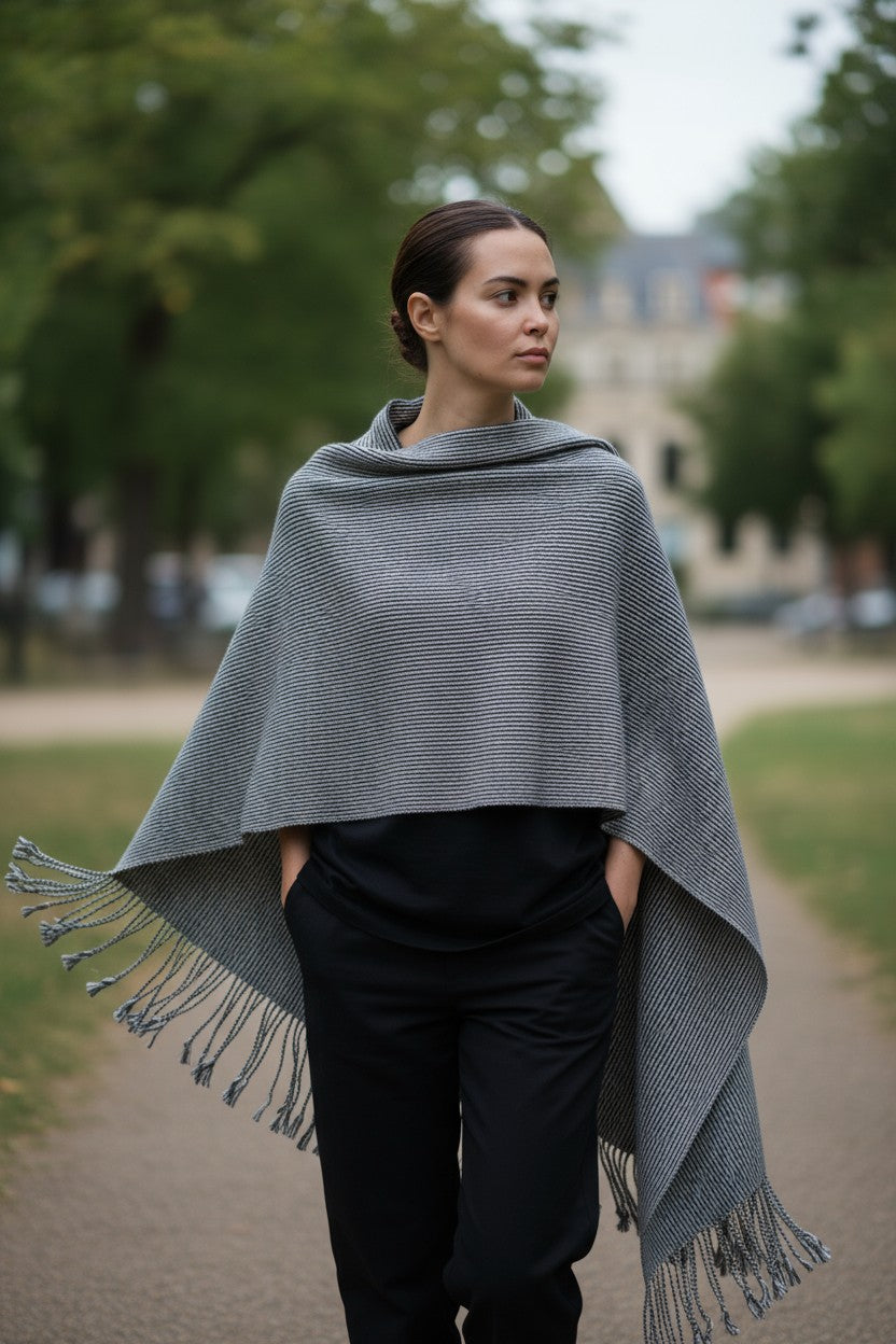 Striped Handwoven Cotton Poncho with Fringe