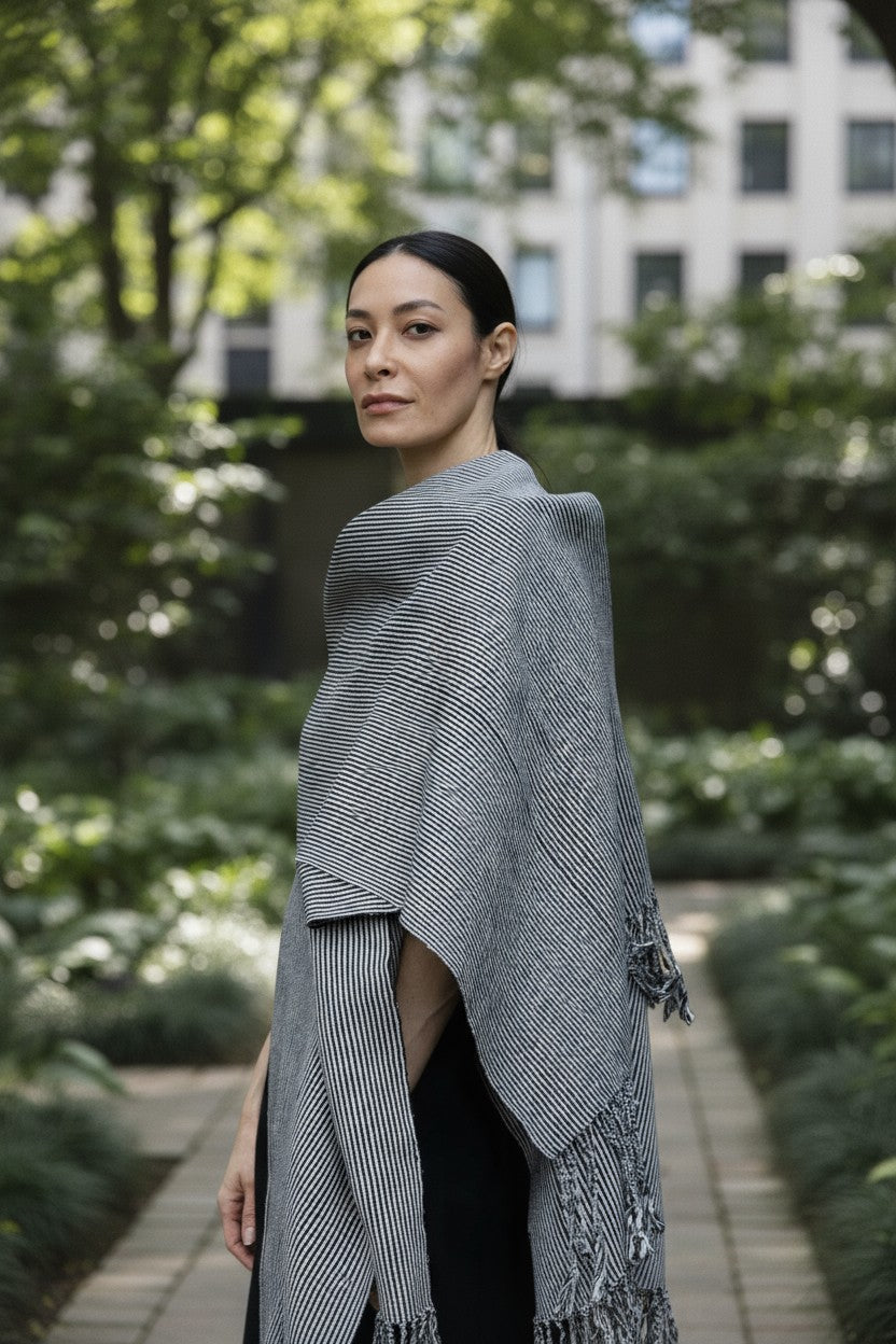Striped Handwoven Cotton Poncho with Fringe