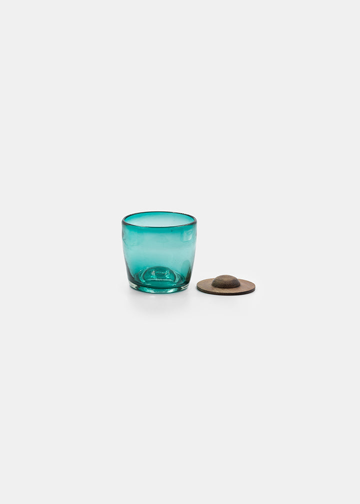 Hand- Blown Tumbler Drinking Glass with Wooden Coaster Base 