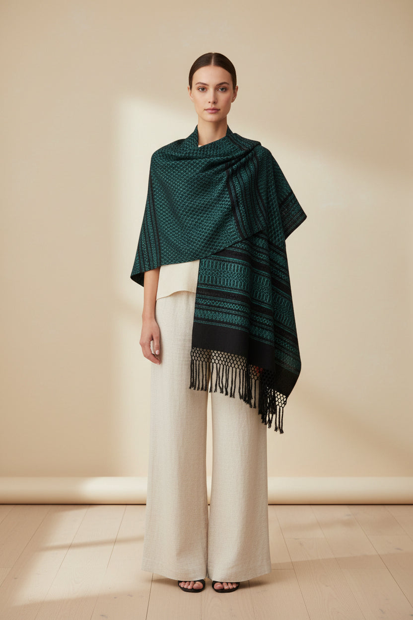 Handwoven cotton rebozo shawl in deep green tones with traditional woven pattern and fringe detail