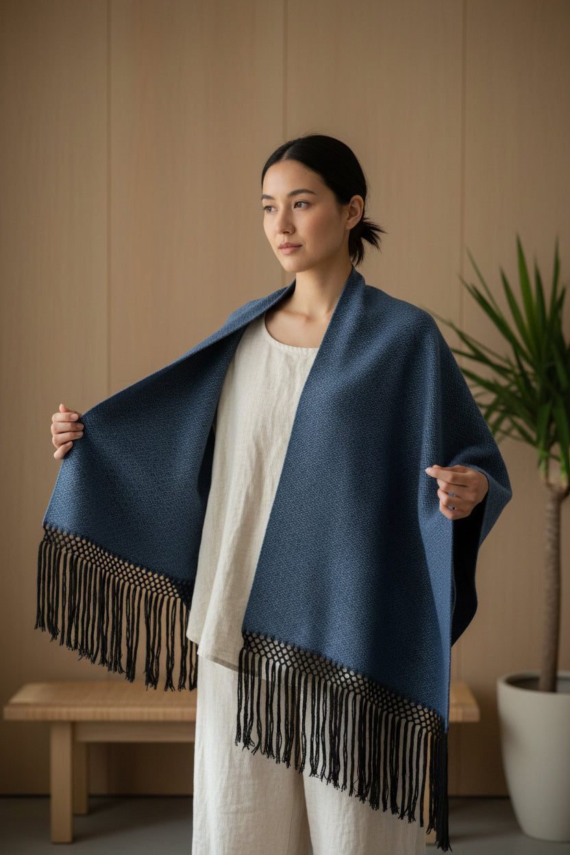 Woman wearing a blue handwoven cotton shawl with fringe, styled indoors in a minimalist room