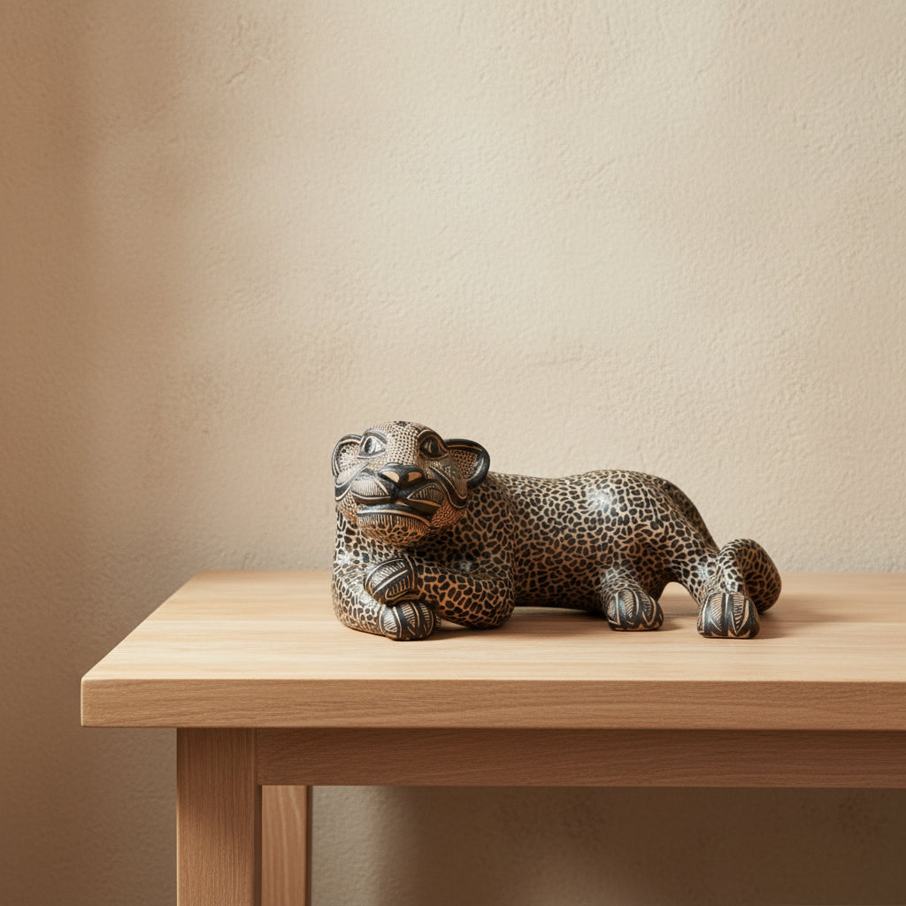 Hand-painted clay jaguar sculpture resting on a wooden table against a beige wall
