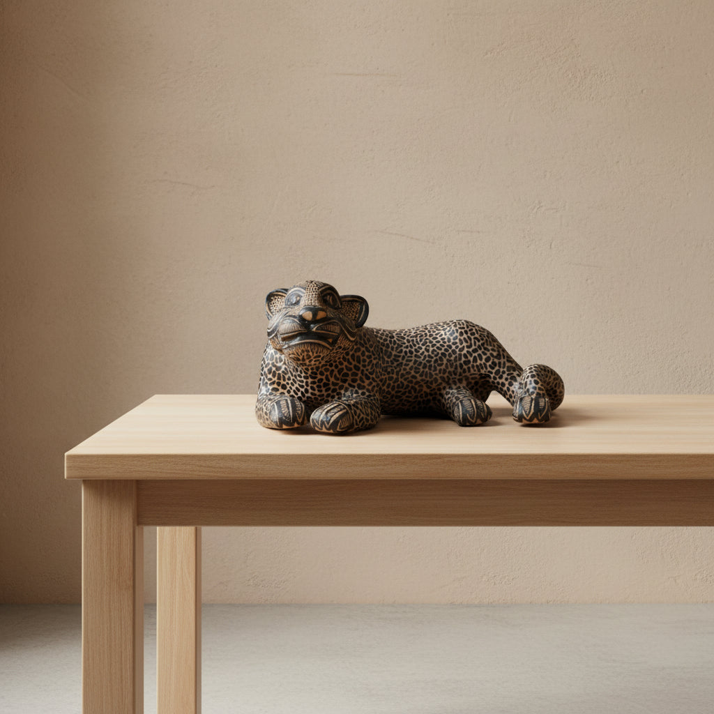 Hand-painted clay jaguar figurine from Amatenango del Valle resting on a wooden table against a beige wall