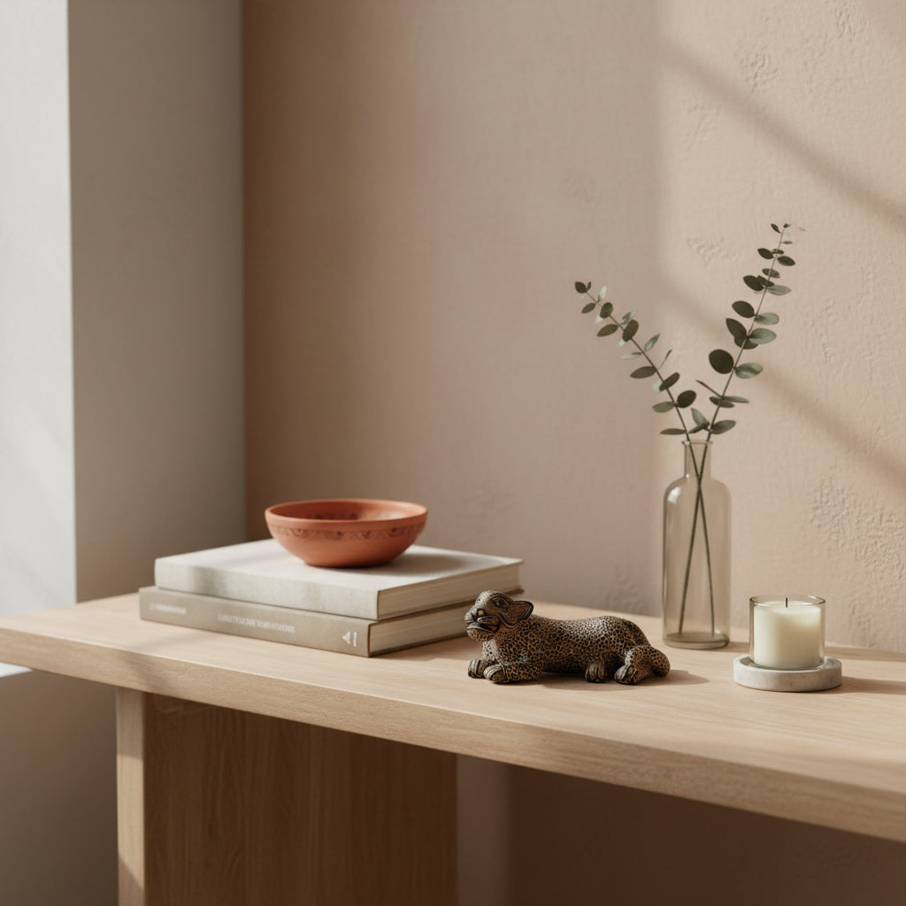 Handmade gold clay jaguar figurine from Amatenango del Valle displayed on a wooden shelf with stacked books, a candle, and a ceramic vase against a beige wall.