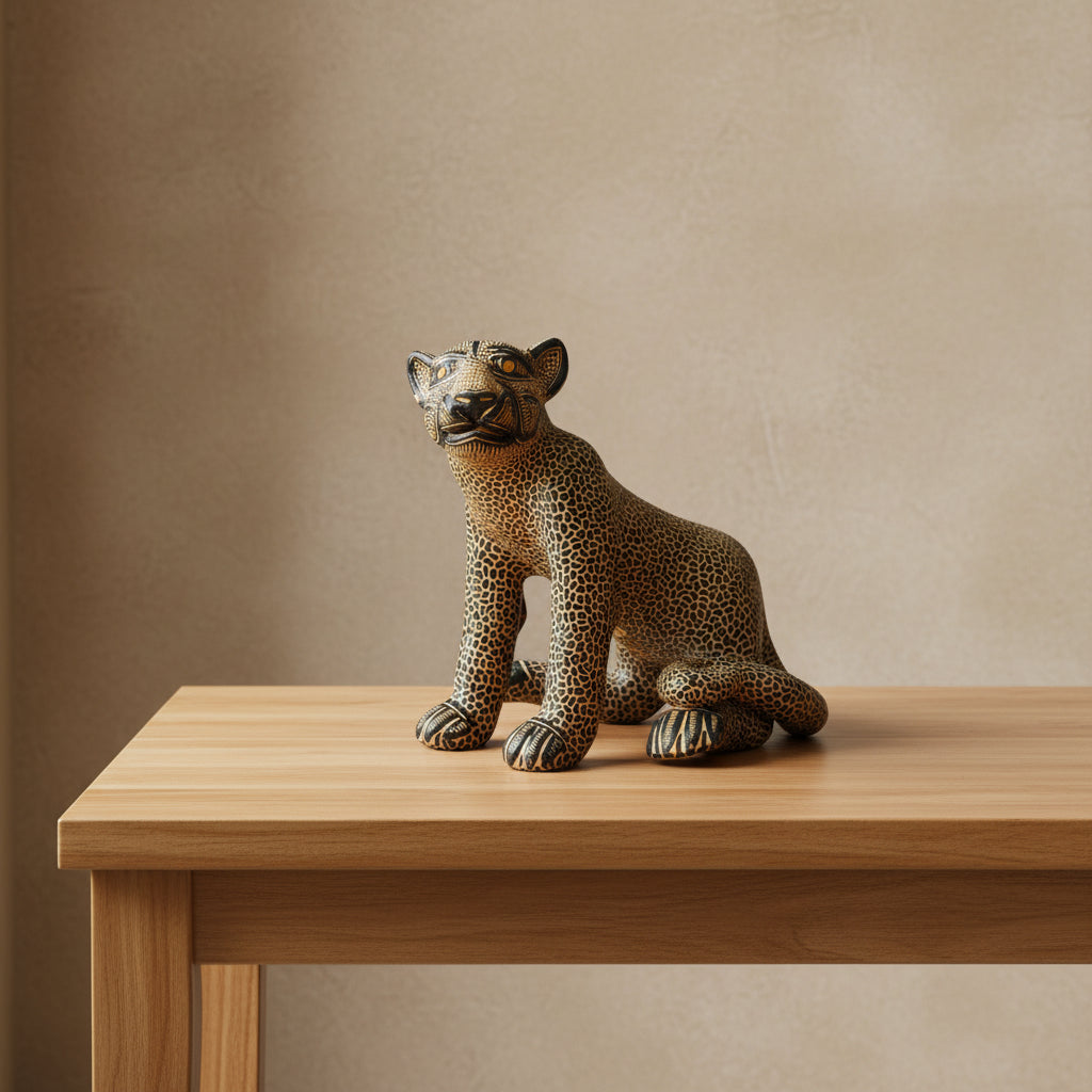 Seated Mayan jaguar clay sculpture on a wooden table with a beige wall background