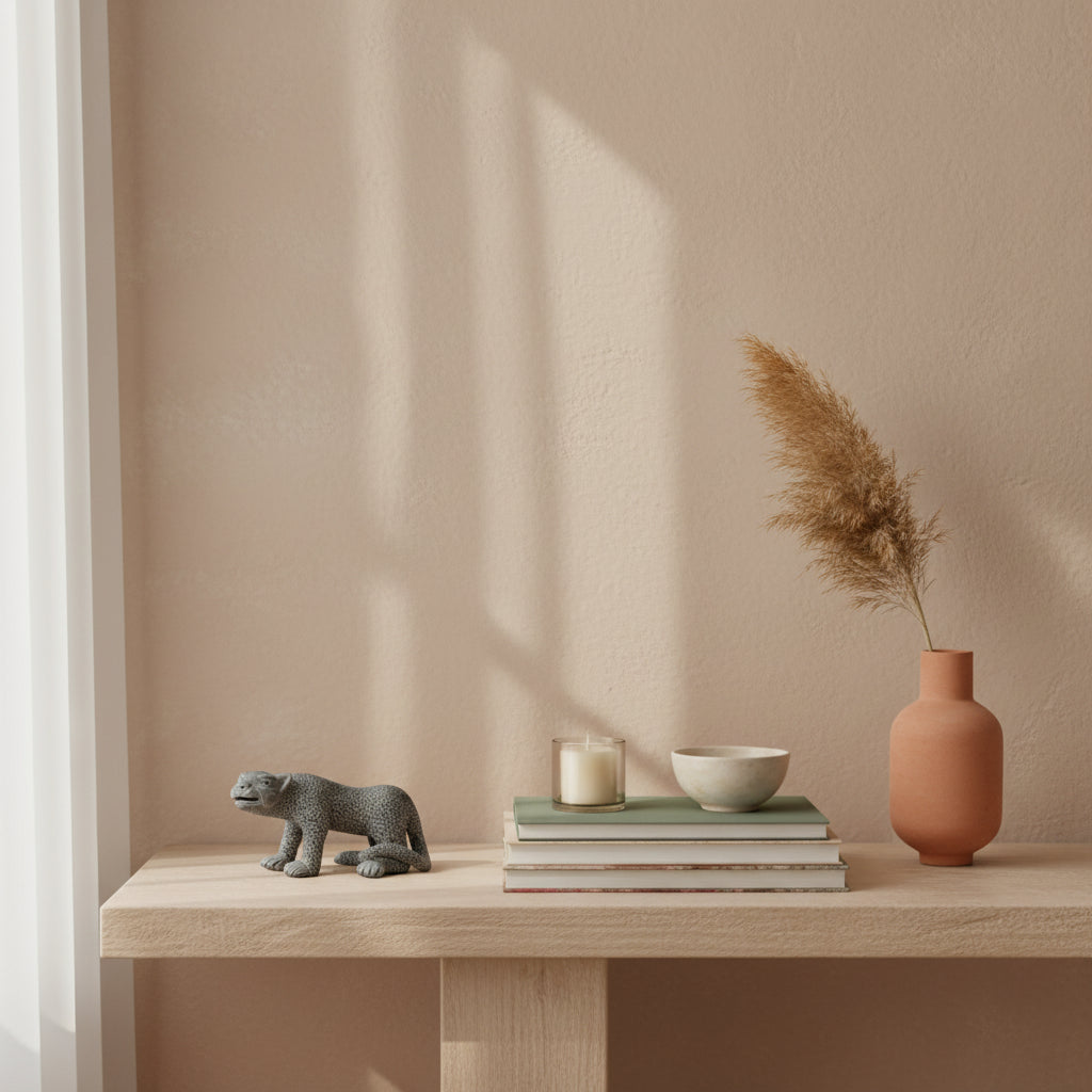 Handmade gray clay jaguar figurine from Amatenango del Valle displayed on a wooden shelf with stacked books, a candle, and a ceramic vase against a beige wall.