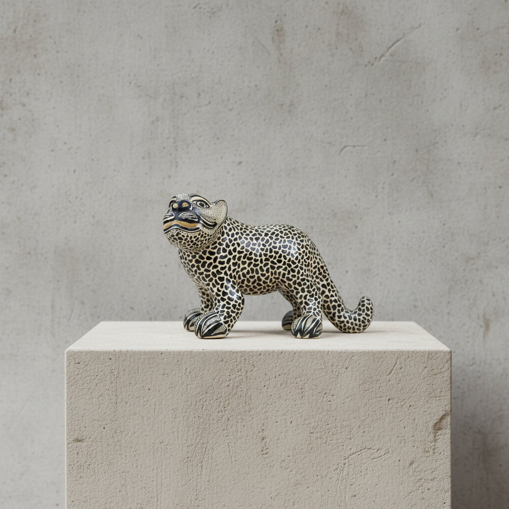 Hand-painted Mayan jaguar clay sculpture on a concrete pedestal, handmade Mexican folk art