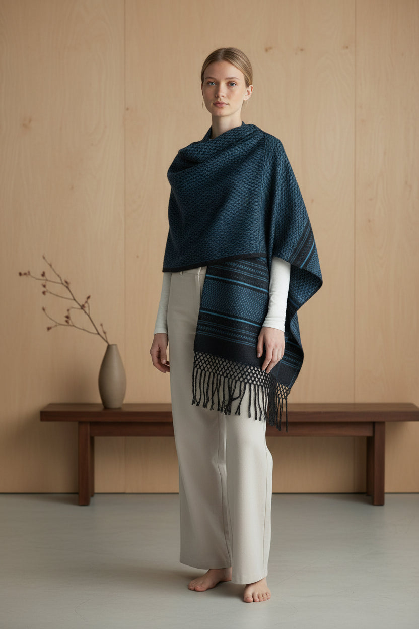 Handwoven cotton rebozo shawl in dark blue tones, styled over light trousers to show length and drape