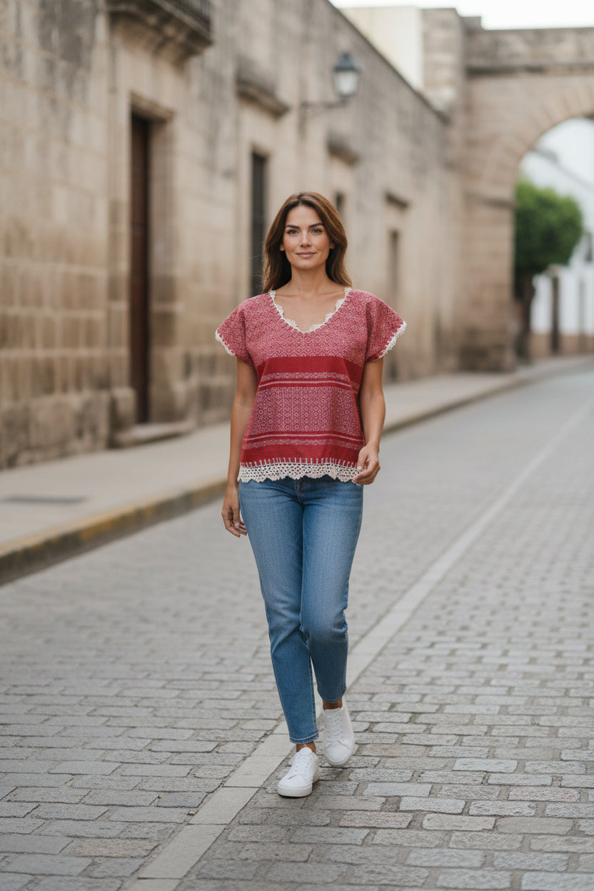 Oaxaca handwoven cotton huipil top in coral red worn by model walking on cobblestone street, full body