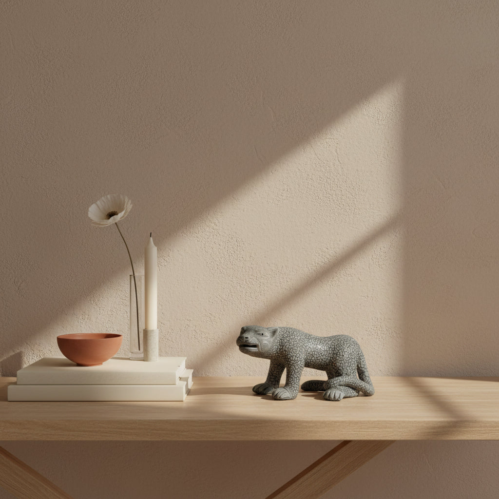 Handmade gray clay jaguar figurine from Amatenango del Valle displayed on a wooden shelf with stacked books, a candle, and a ceramic vase against a beige wall.