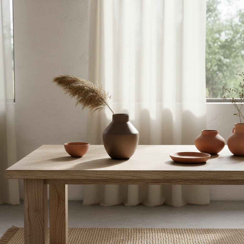 Brown terracotta vase with pampas stem on a wooden table, styled with small clay bowls in a bright minimalist room.