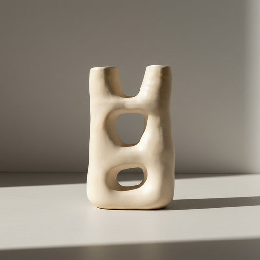 Minimalist off-white ceramic portal vase displayed on a light grey surface.