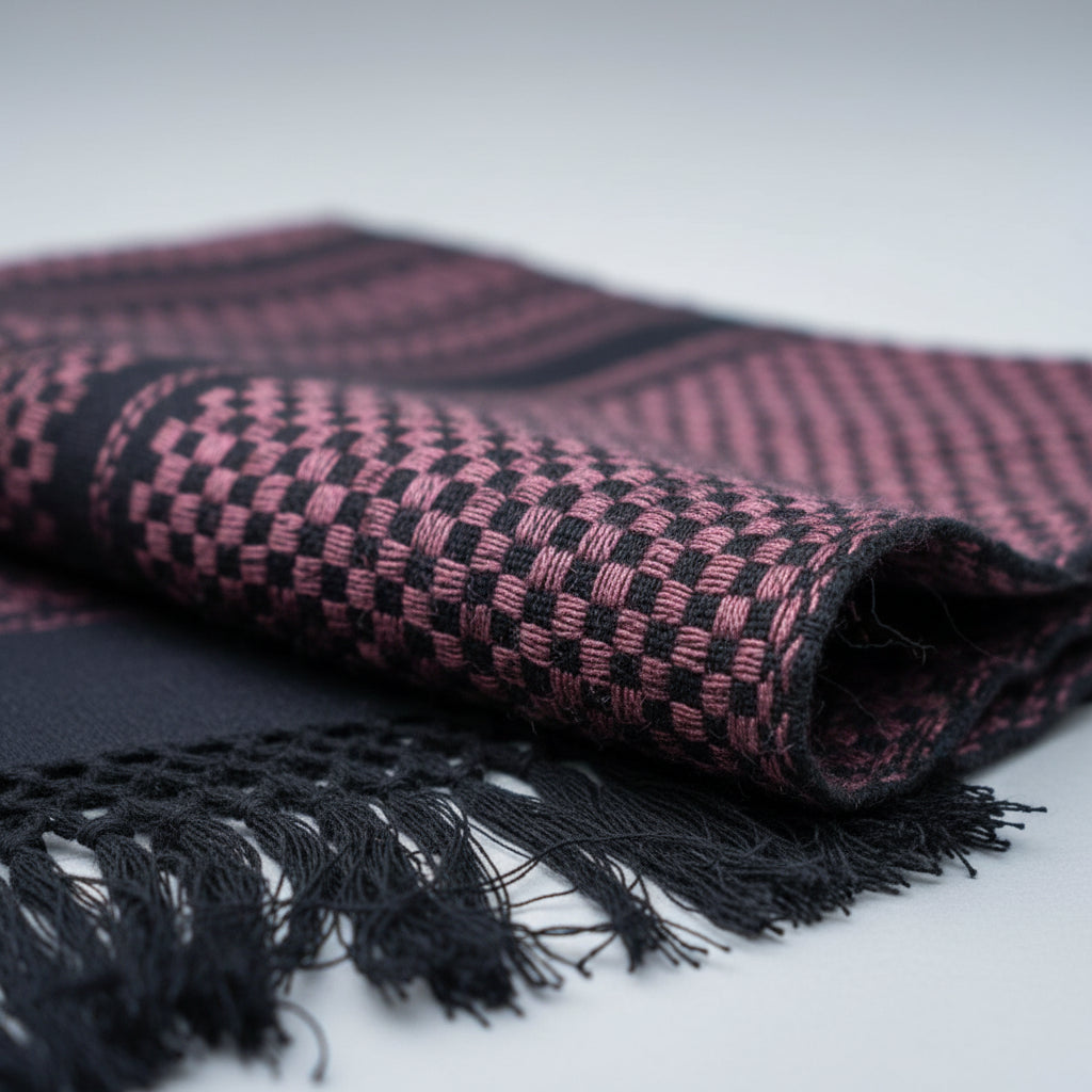 Close-up of handwoven cotton rebozo shawl in mauve and black tones highlighting woven pattern and fringe
