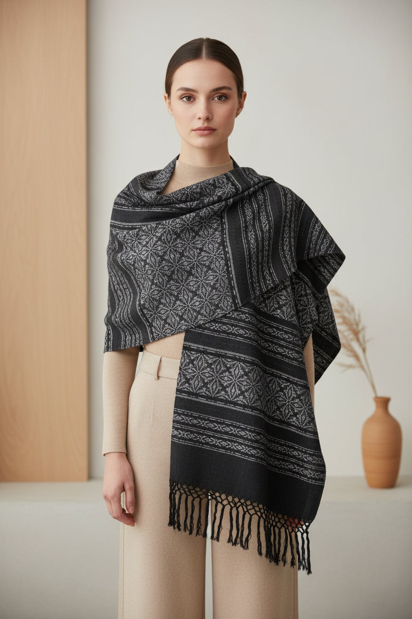 Handwoven cotton rebozo shawl in charcoal and black, featuring a floral woven pattern and hand-knotted fringe.