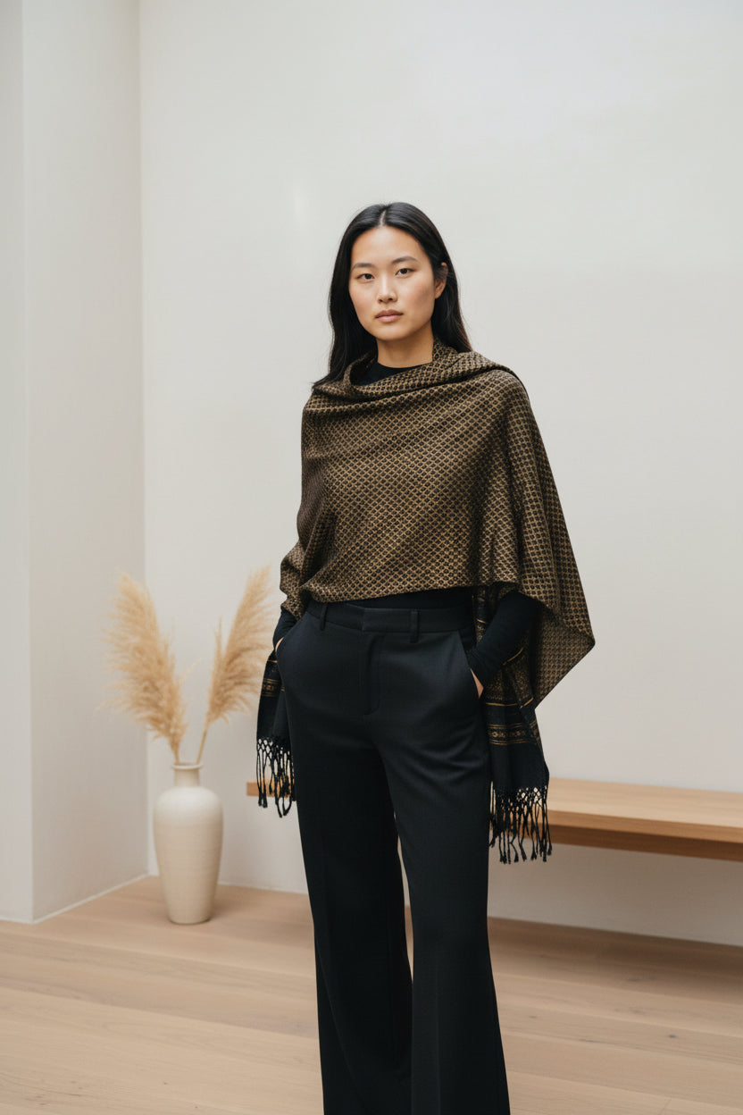 Handwoven cotton rebozo shawl with fine woven pattern, styled with black trousers in a clean, modern setting