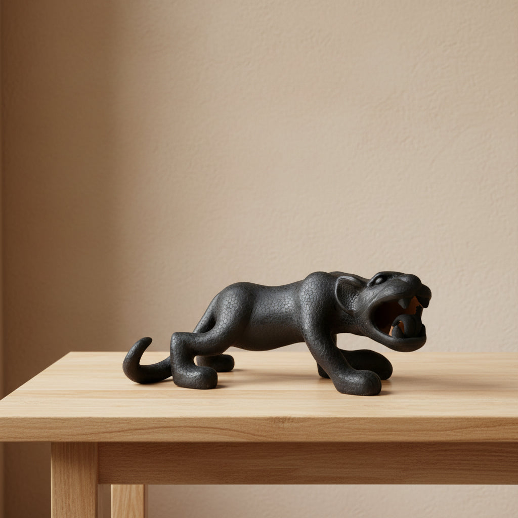 Black clay Mayan jaguar figurine on a wooden table against a warm beige wall, handmade Mexican folk art from Chiapas