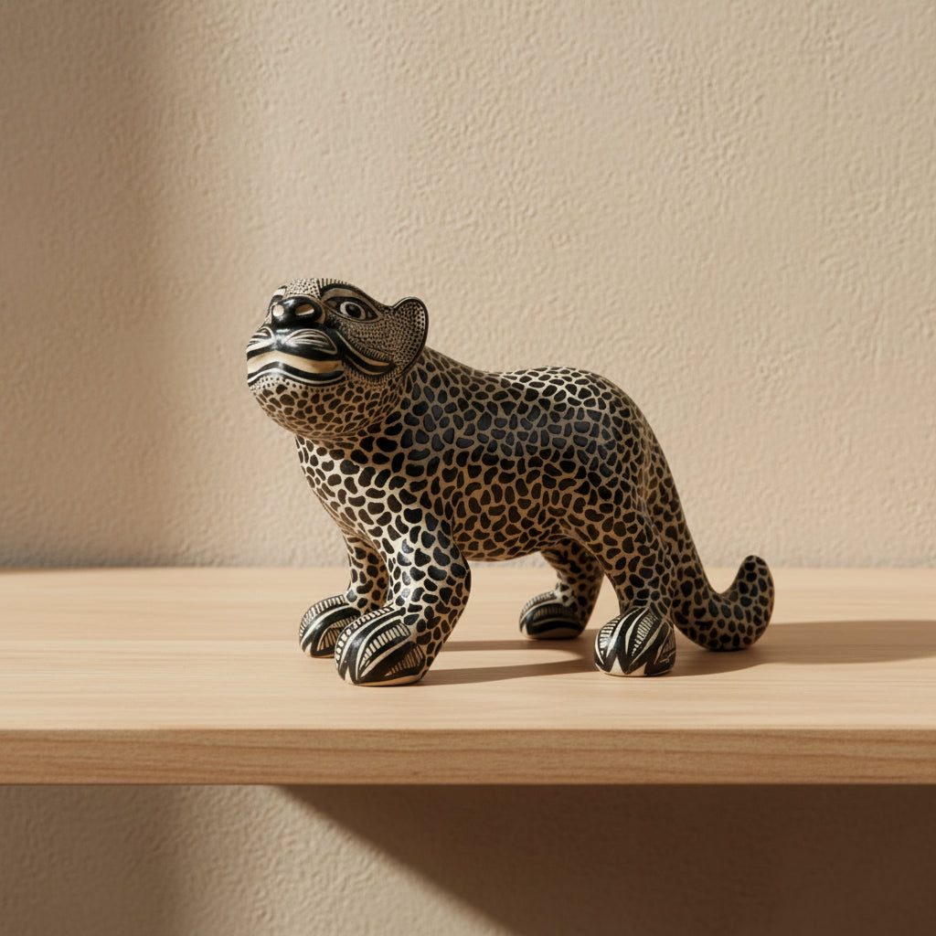 Hand-painted clay jaguar figurine from Amatenango del Valle resting on a wooden table against a beige wall