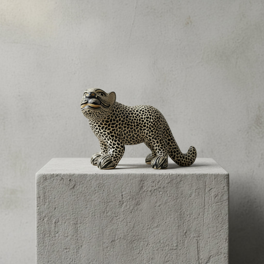 Hand-painted Mayan jaguar clay sculpture on a concrete pedestal, handmade Mexican folk art